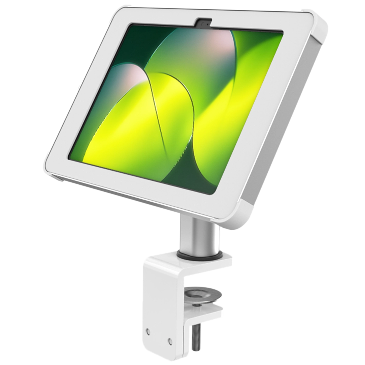 White and silver secure clamp-on desk mount for tablets, by Sprocket