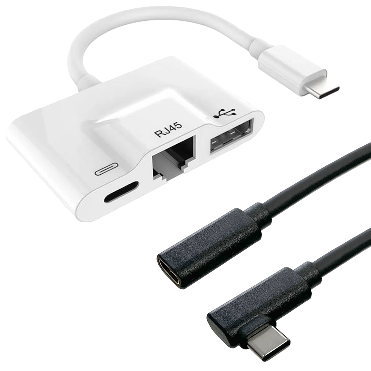 Cabling kit includes a right-angle USB-C extension cable and USB-C charging adapter with USB-C, USB-A and Ethernet