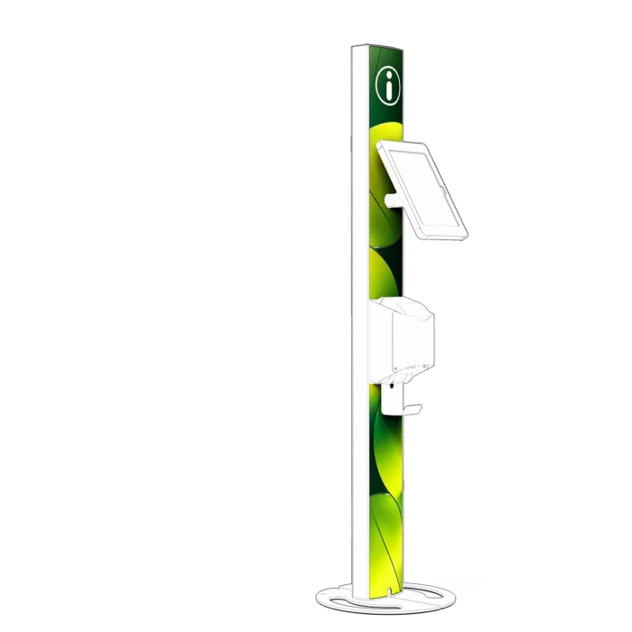Indicative image showing custom branded front panels to suit a Sprocket T Print 15 tablet and label printer kiosk
