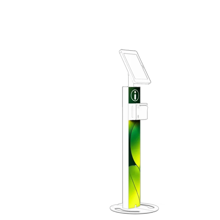 Indicative image showing custom branded front panels to suit a Sprocket T Ticket 10 tablet and receipt printer kiosk