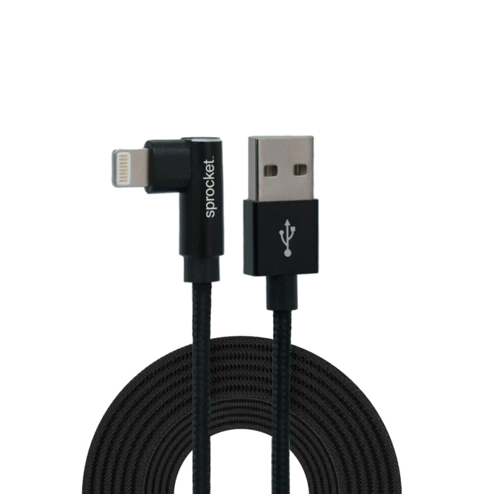 Sprocket branded right-angled lightning male to straight-angled USB-A male braided charging cable