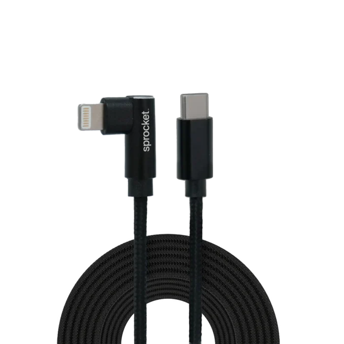 Sprocket branded right-angled lightning male to straight-angled USB-C male braided charging cable