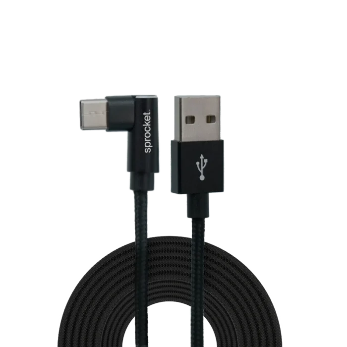 Sprocket branded right-angled USB-C male to straight-angled USB-A male braided charging cable
