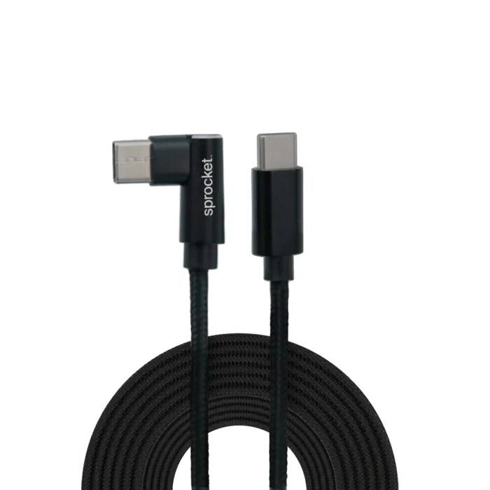 Sprocket branded right-angled USB-C male to straight-angled USB-C male braided charging cable