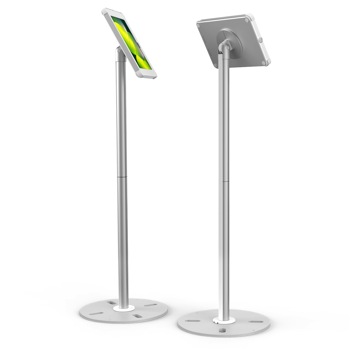 Secure, white and silver freestanding tablet stand with heavy-duty base, key lock and concealed cables, by Sprocket