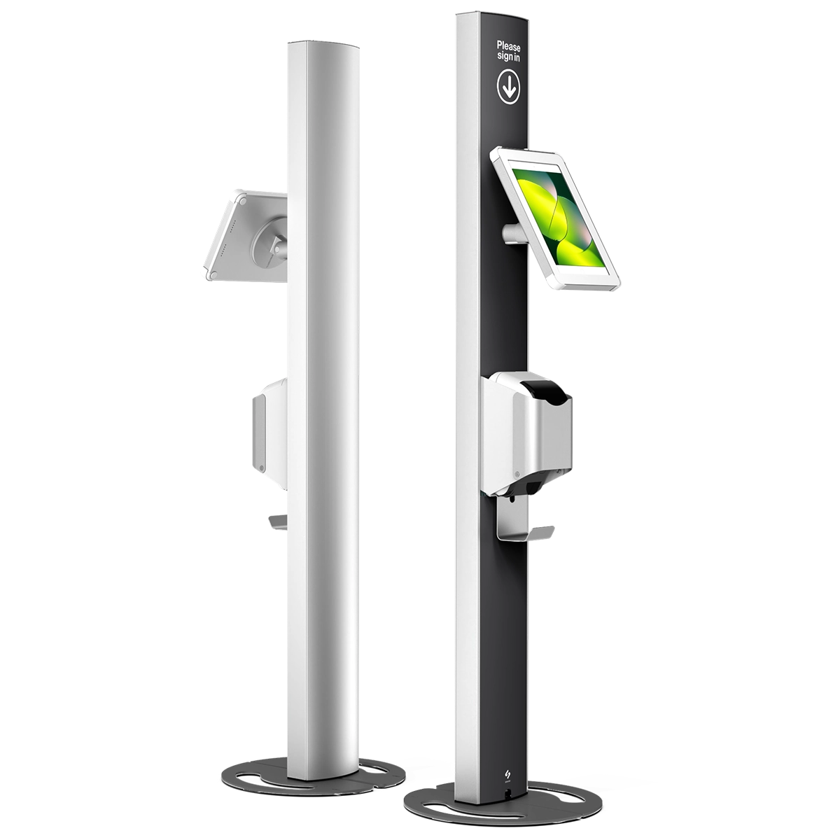 Tablet kiosk with integrated label printer for badge printing and interchangeable call-to-action signage, by Sprocket