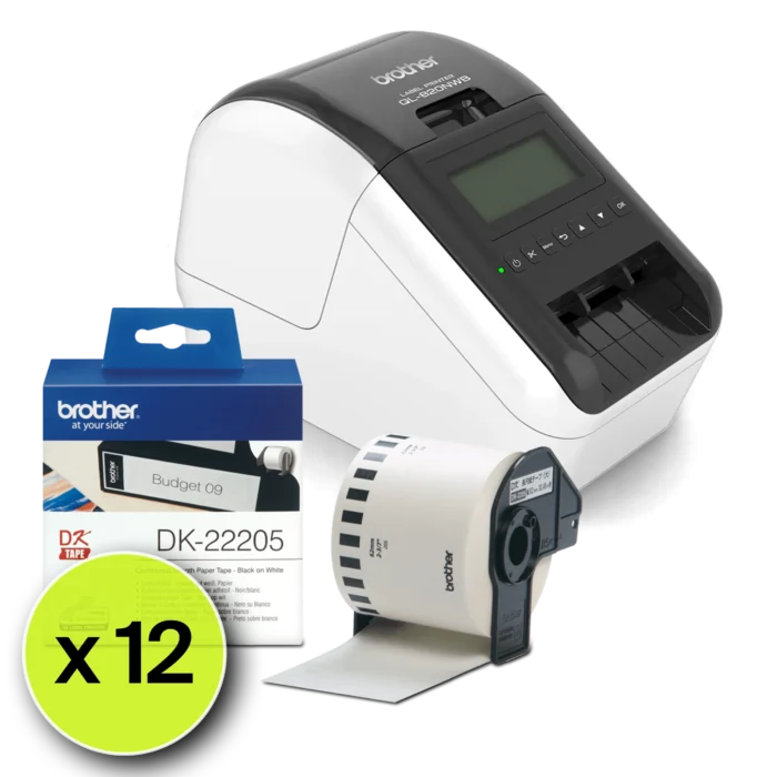 Bundle comprising Brother QL-820NWB label printer and twelve pack of DK-22205 62mm continuous length Label roll