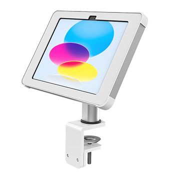 Front view Sprocket Clamp white iPad holder for desk