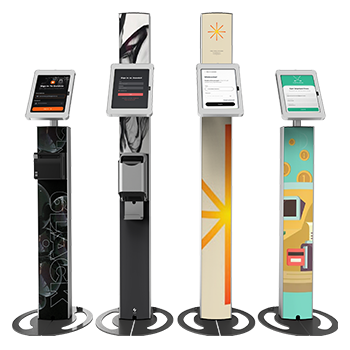 Sprocket T-Series tablet and iPad floor stand array with custom branding and signage